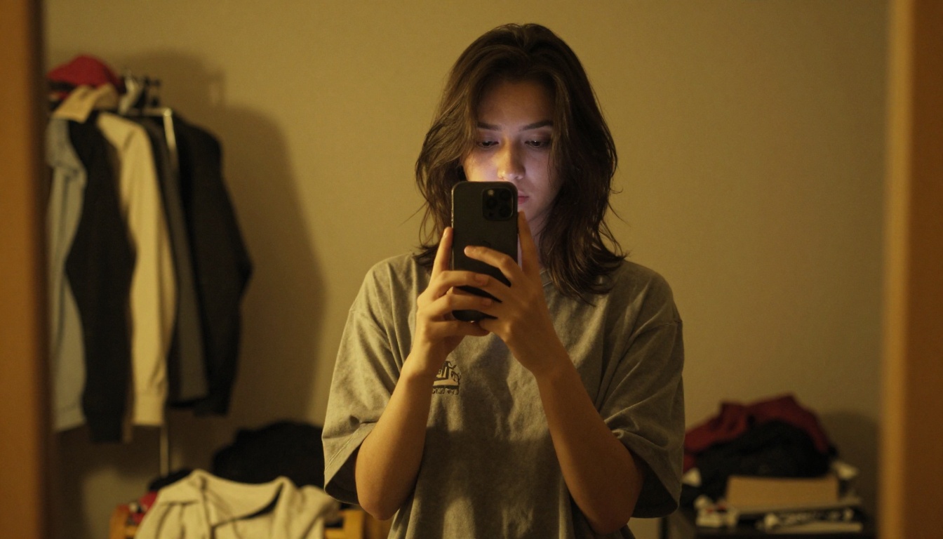 A woman taking a mirror selfie in poor bedroom lighting conditions