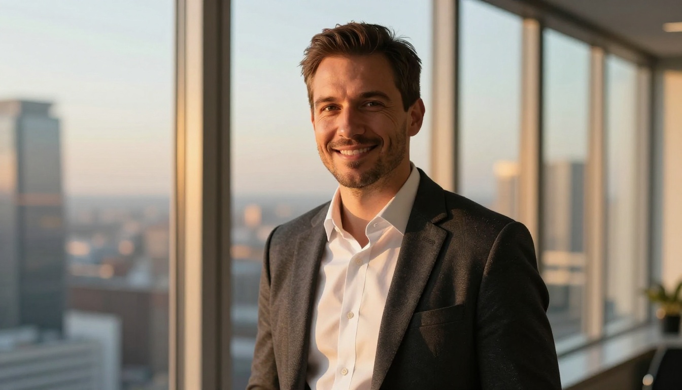 Professional man standing near office windows at golden hour with warm rim light
