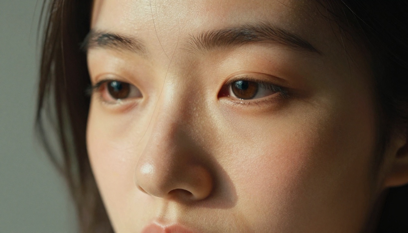 Extreme close-up portrait showing photorealistic skin texture and natural side lighting
