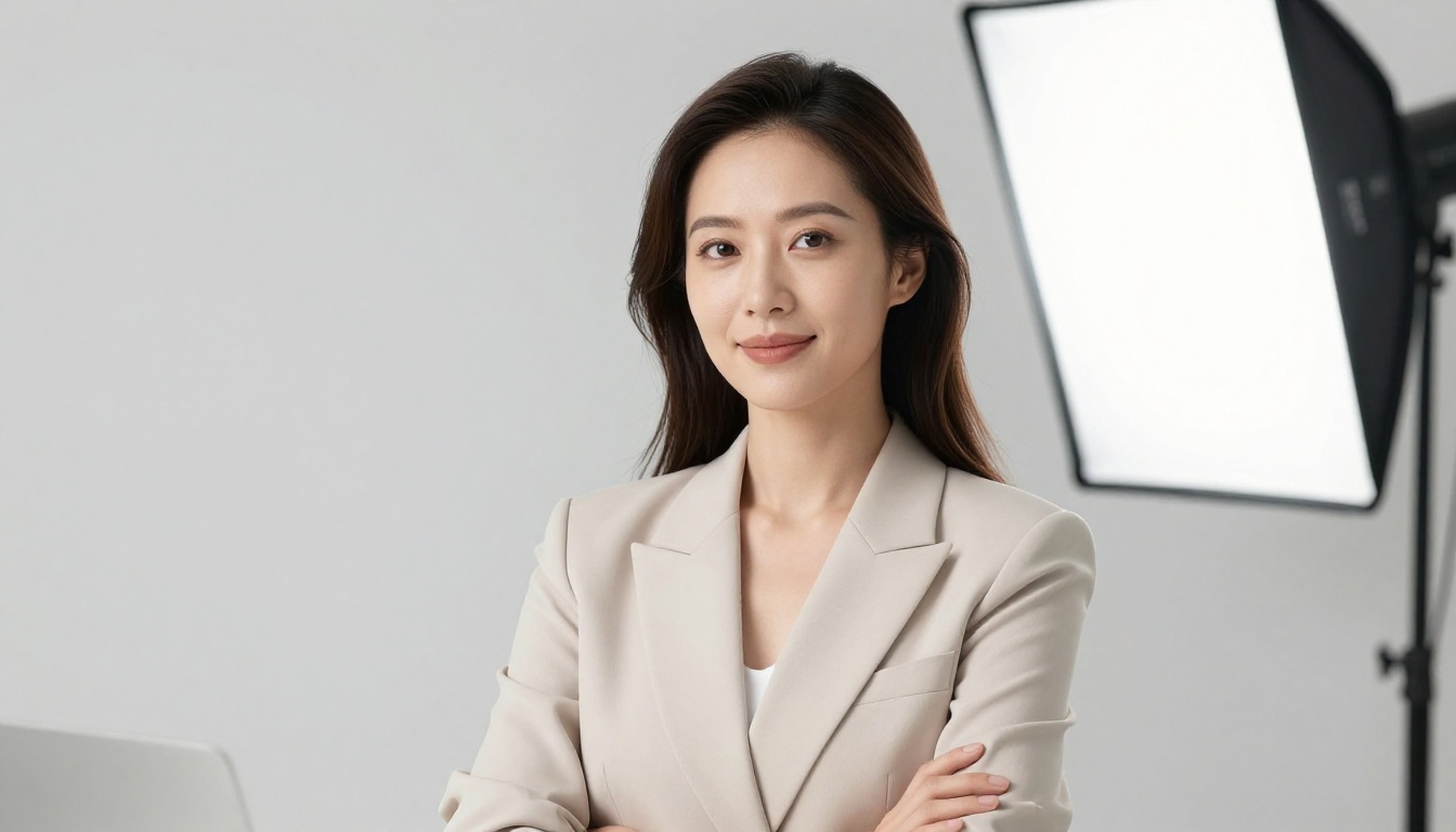 Professional woman in white studio with butterfly lighting and clean backdrop
