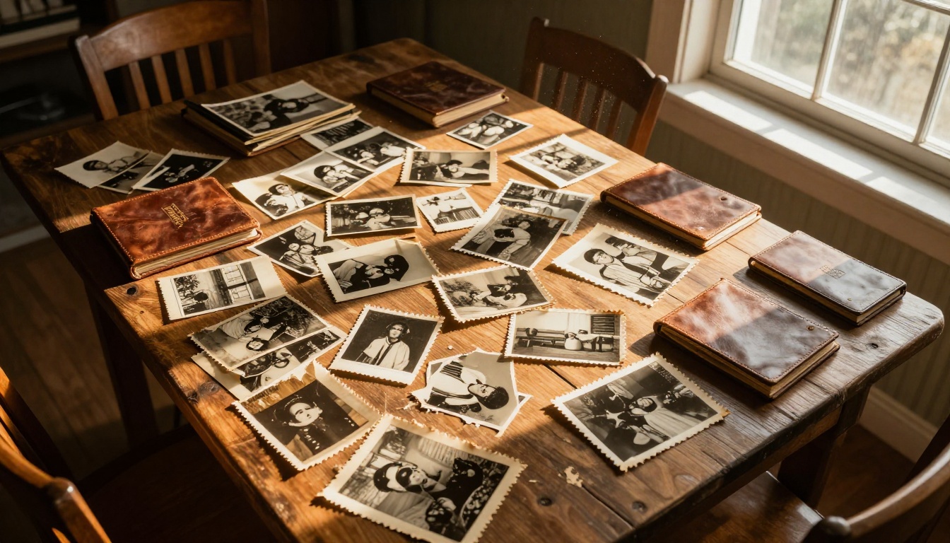 Collection of vintage photo albums and loose sepia prints spread across a rustic farmhouse table