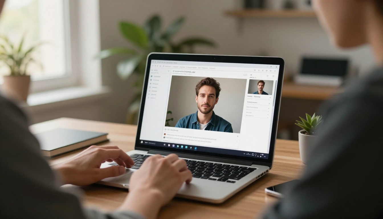 Person using a laptop to generate AI portraits in a home office setup