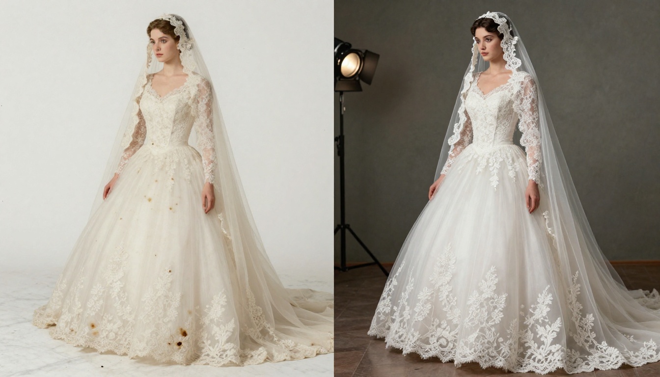 A dramatic wedding photo restoration showing the transition from damaged original to crisp HD A dramatic wedding photo restoration showing the transition from damaged original to crisp HD