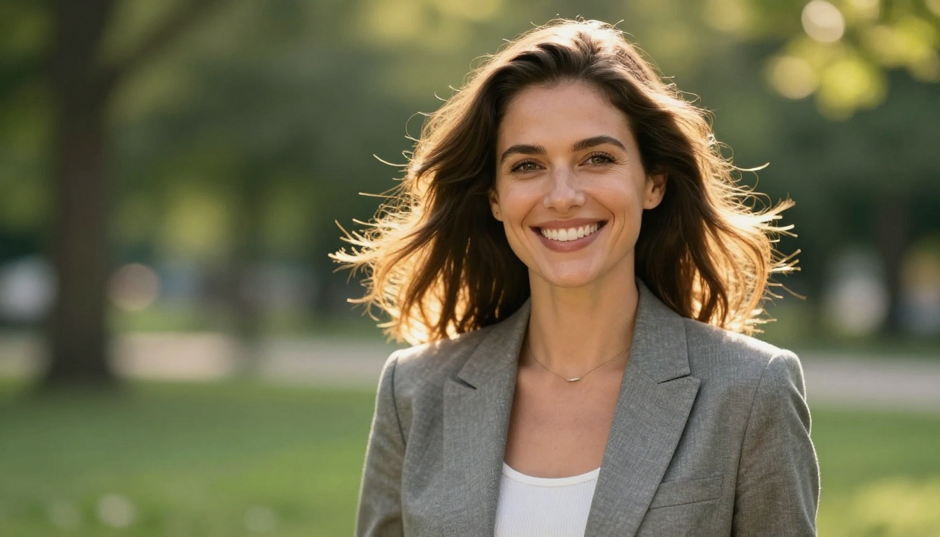 Smiling woman in blazer with outdoor park bokeh background and golden rim light Smiling woman in blazer with outdoor park bokeh background and golden rim light