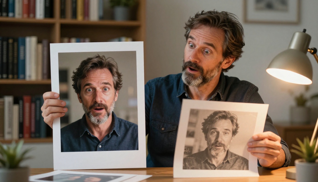A man comparing his tiny original damaged photo to the freshly printed large-format HD restoration A man comparing his tiny original damaged photo to the freshly printed large-format HD restoration