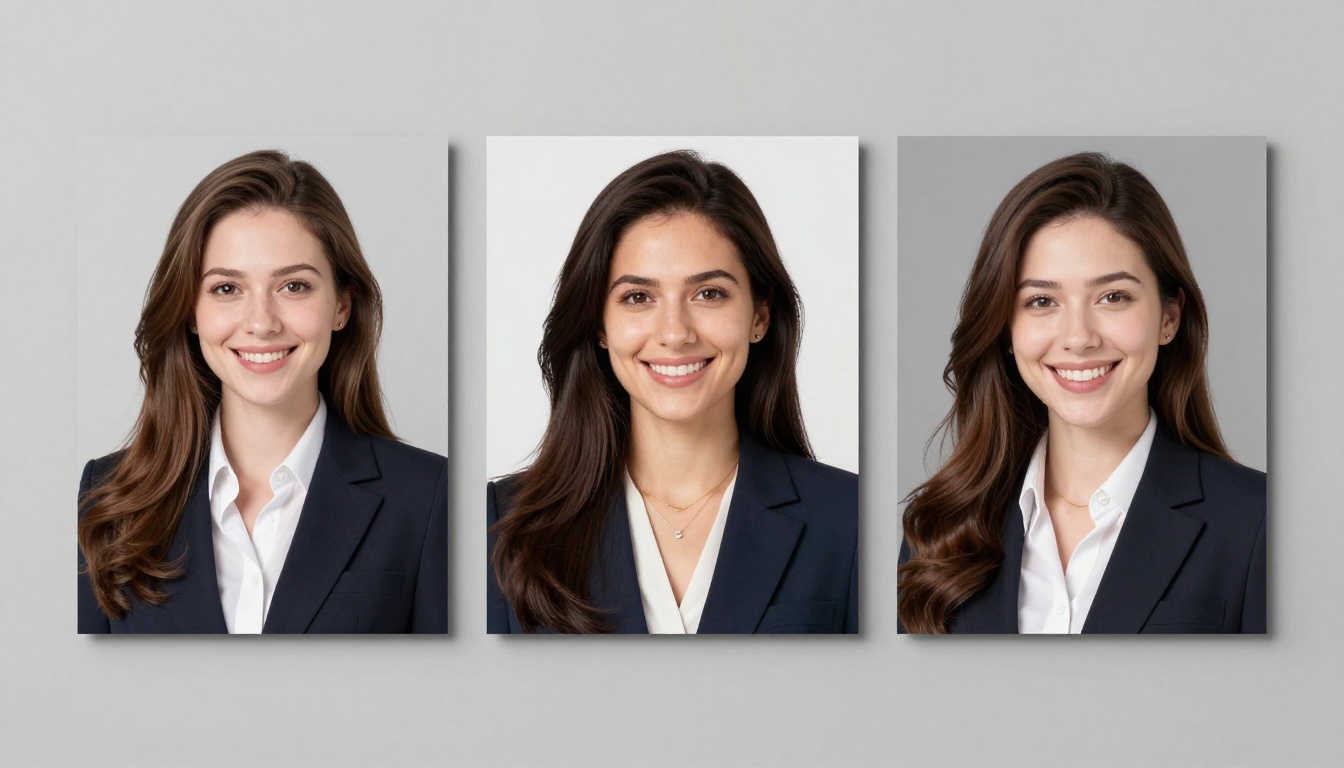 Three professional portrait styles displayed as printed photographs on a light surface Three professional portrait styles displayed as printed photographs on a light surface