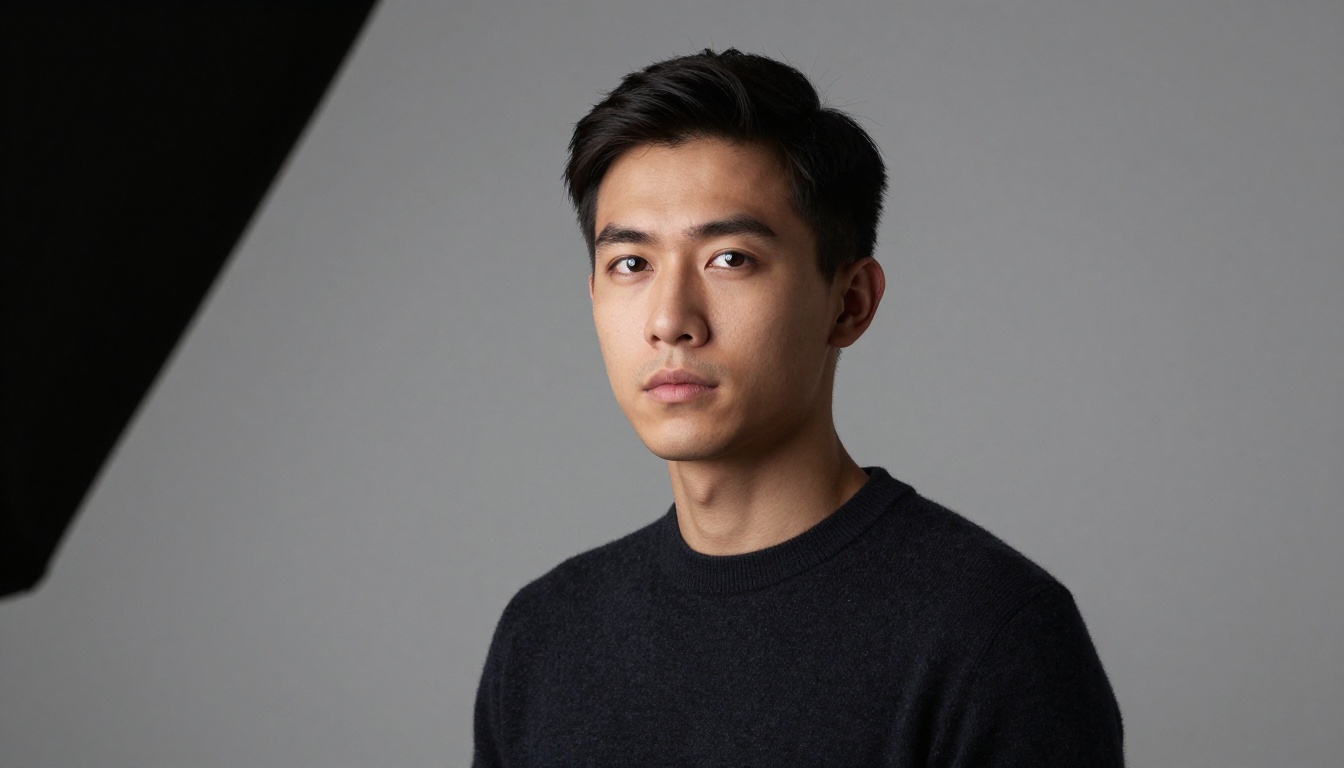 Men's professional portrait with dramatic Rembrandt lighting on slate gray backdrop Men's professional portrait with dramatic Rembrandt lighting on slate gray backdrop