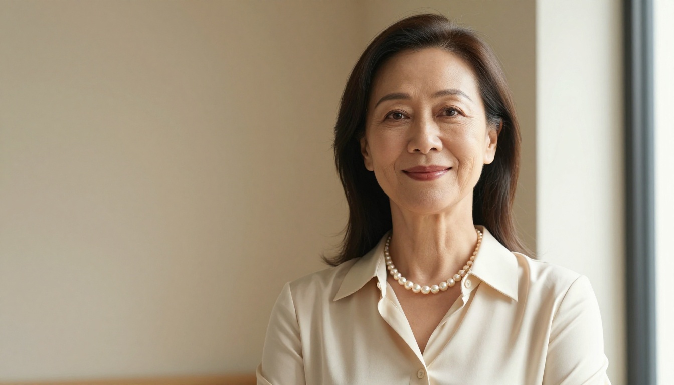 Executive woman in cream silk blouse with warm natural window light portrait Executive woman in cream silk blouse with warm natural window light portrait