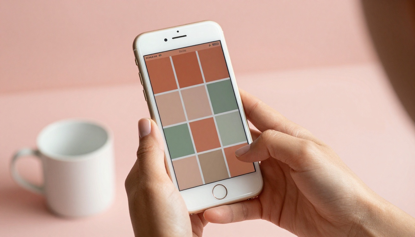 A smartphone showing a cohesive Instagram feed grid with matching tones