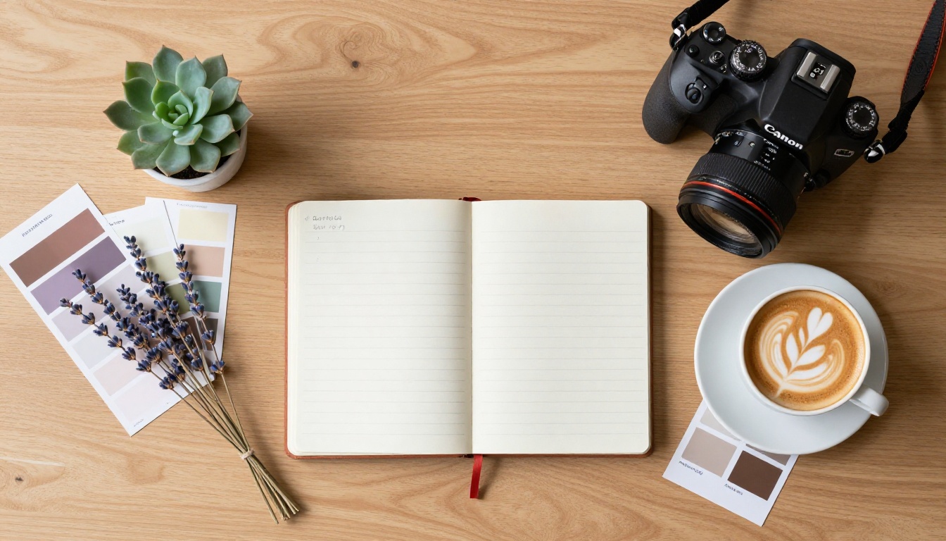 Creative workspace flat lay with content planning materials and camera
