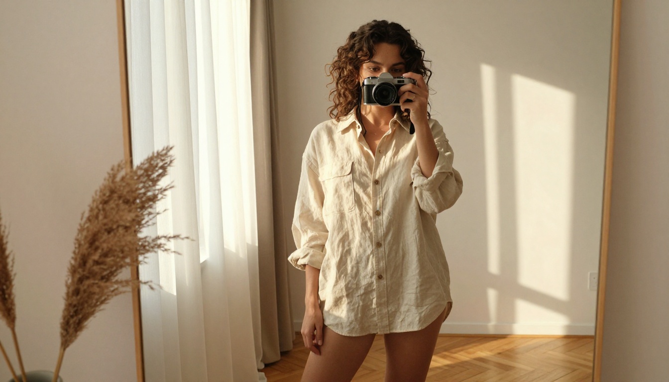 Young woman taking mirror selfie in warm natural light bedroom Young woman taking mirror selfie in warm natural light bedroom