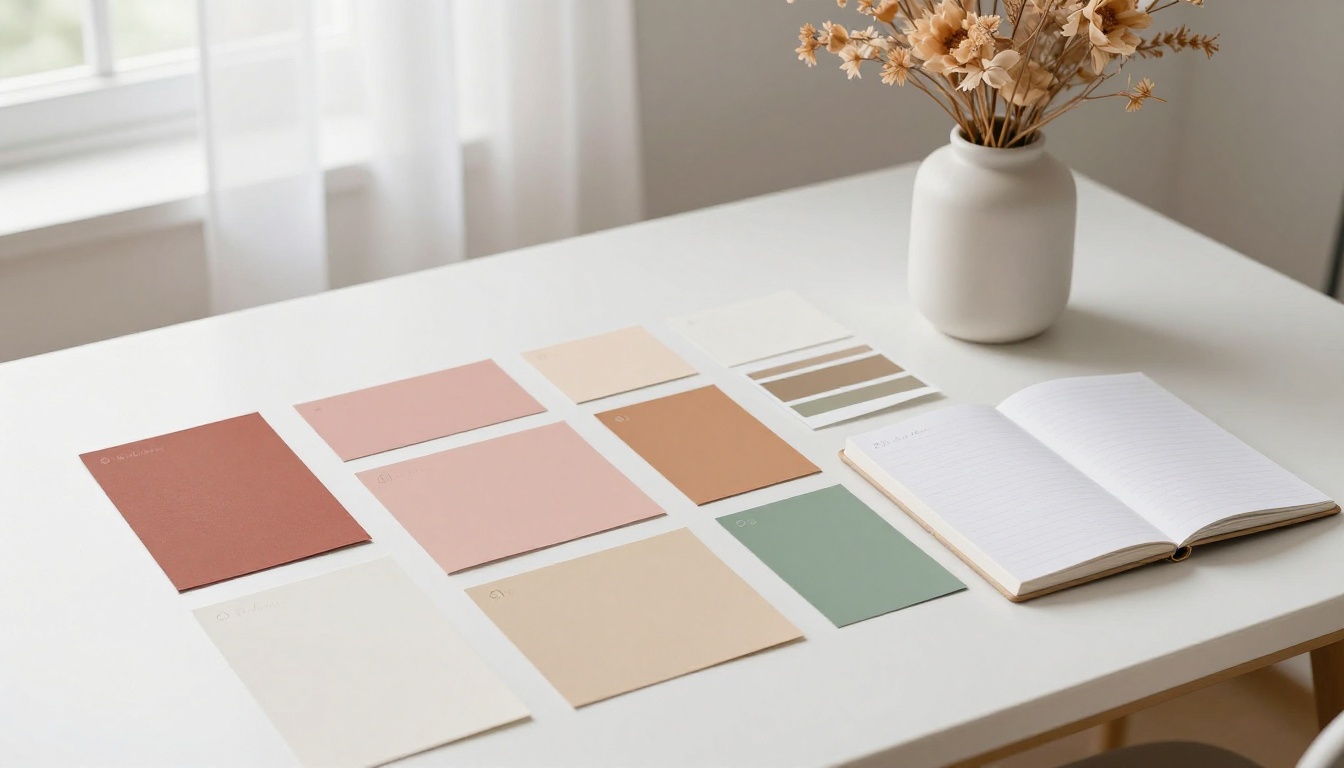 Minimalist color palette mood board with paint swatches in earth tones