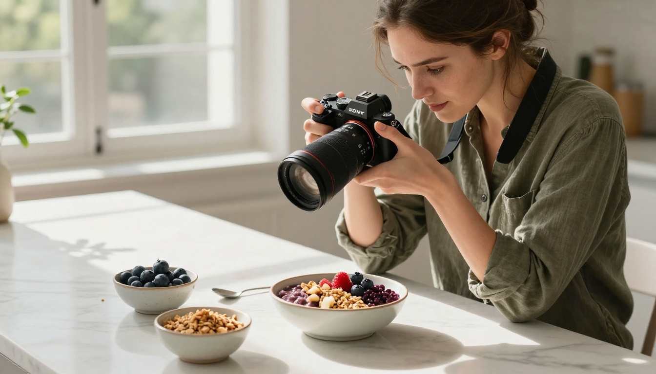 Woman photographing food with professional natural lighting setup