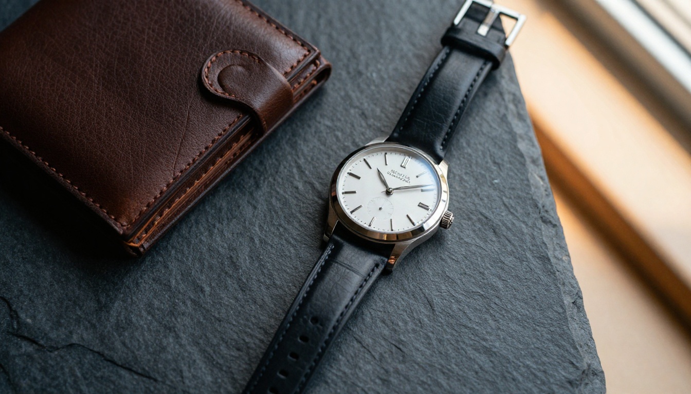 Luxury flat lay product arrangement featuring wristwatch, leather wallet and cologne on dark slate stone surface