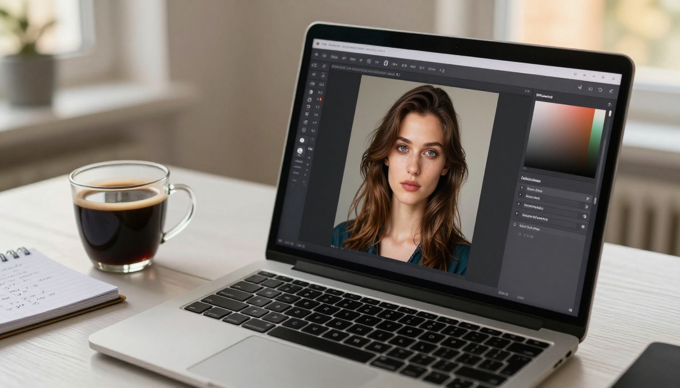 AI image generation interface showing photorealistic portrait on laptop screen