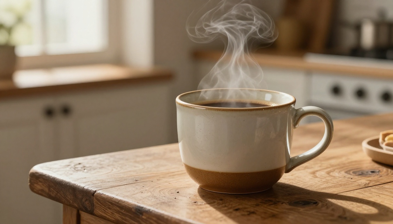 Professional e-commerce product shot of ceramic coffee mug on rustic wooden table with steam rising naturally in warm morning light