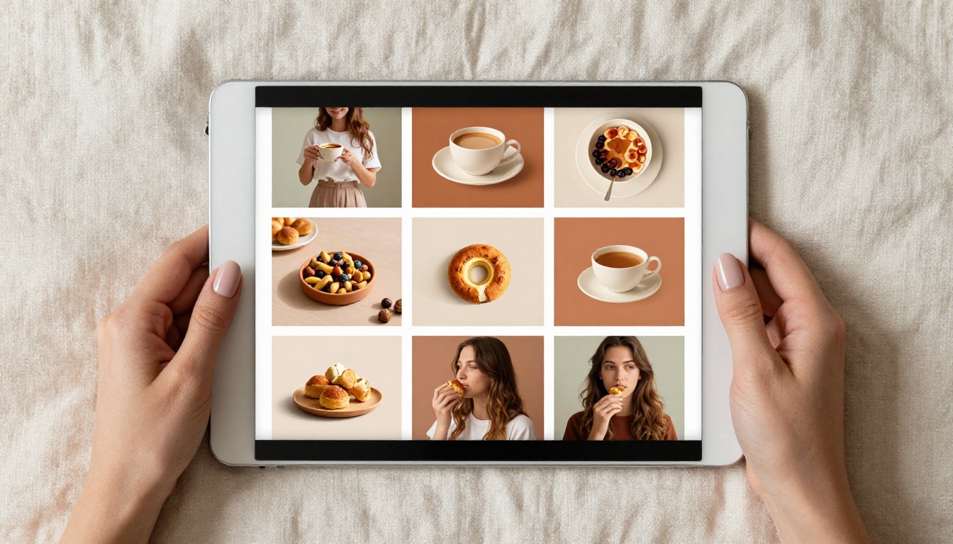 Instagram feed grid planning view on iPad with cohesive earth tone palette Instagram feed grid planning view on iPad with cohesive earth tone palette