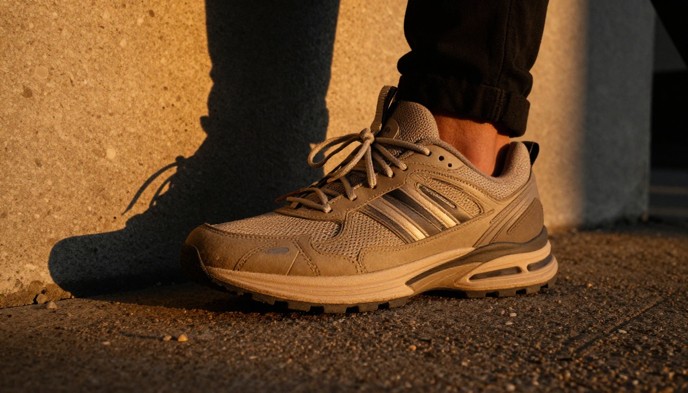 Athletic sneakers on gritty urban concrete pavement with dramatic golden hour side lighting at low angle emphasizing sole texture