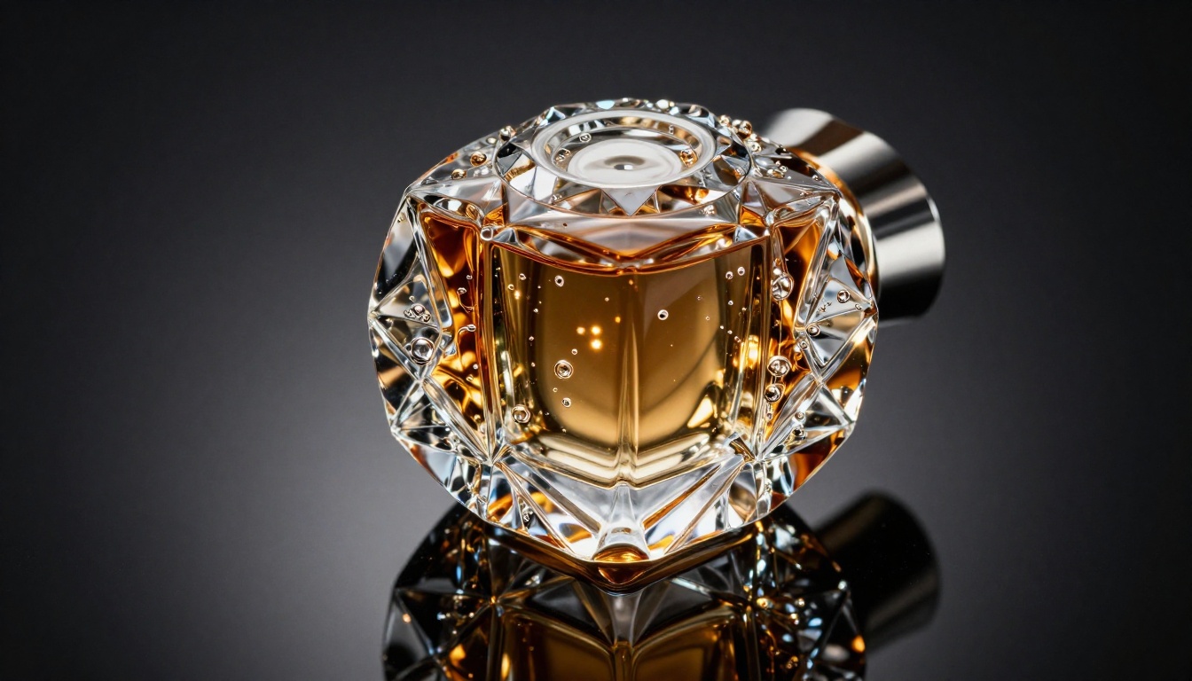 Close-up front product shot of glass perfume bottle on reflective black acrylic surface with backlit studio lighting creating inner amber glow