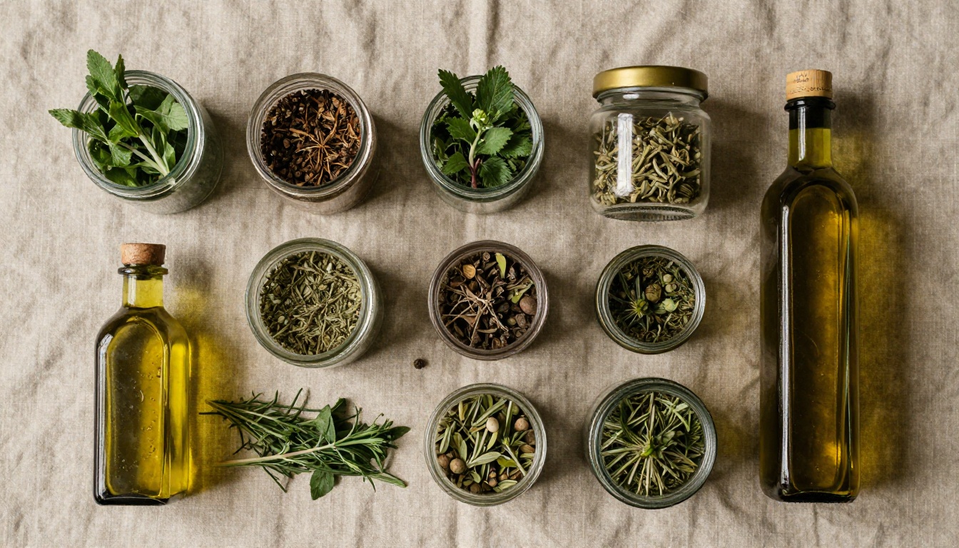 Aerial top-down flat lay of organic food products with fresh herbs and spice jars arranged on linen cloth with soft diffused natural light