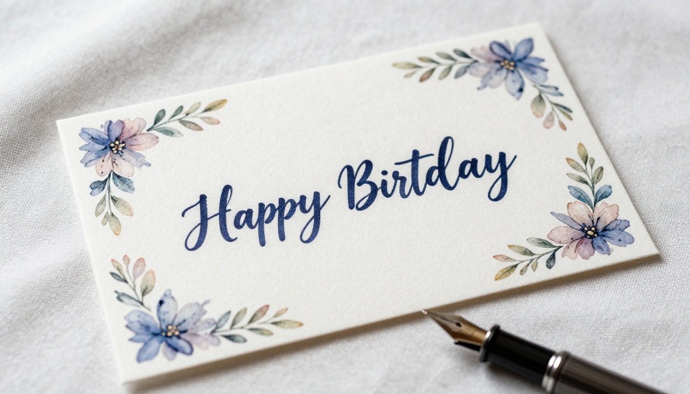 Close-up of a premium birthday greeting card on white linen, fountain pen beside it, soft diffused light