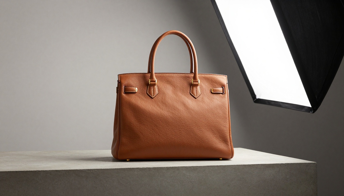 Three-quarter angle luxury leather handbag on smooth concrete pedestal in minimalist studio with warm directional shadow from upper right softbox
