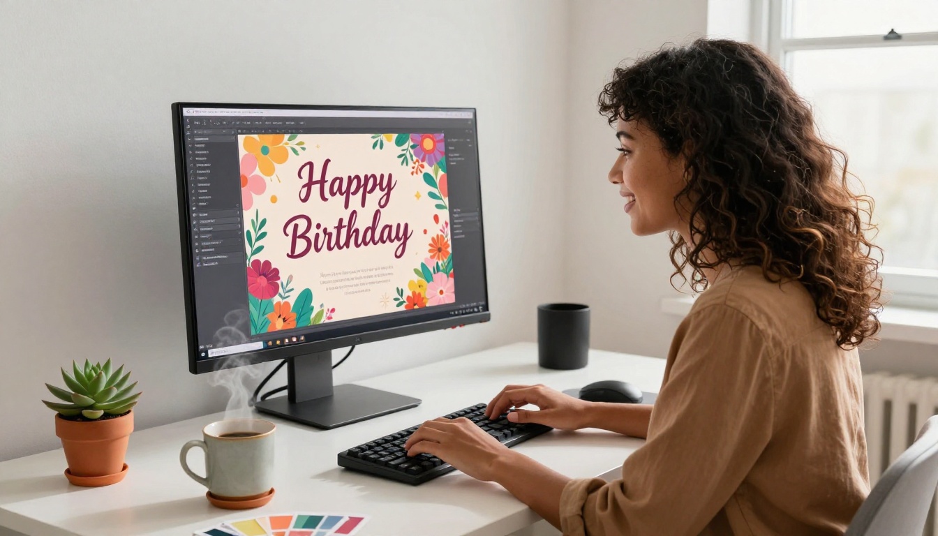 Young woman at minimalist home office desk, large monitor showing vibrant AI-generated birthday card design, succulent on desk