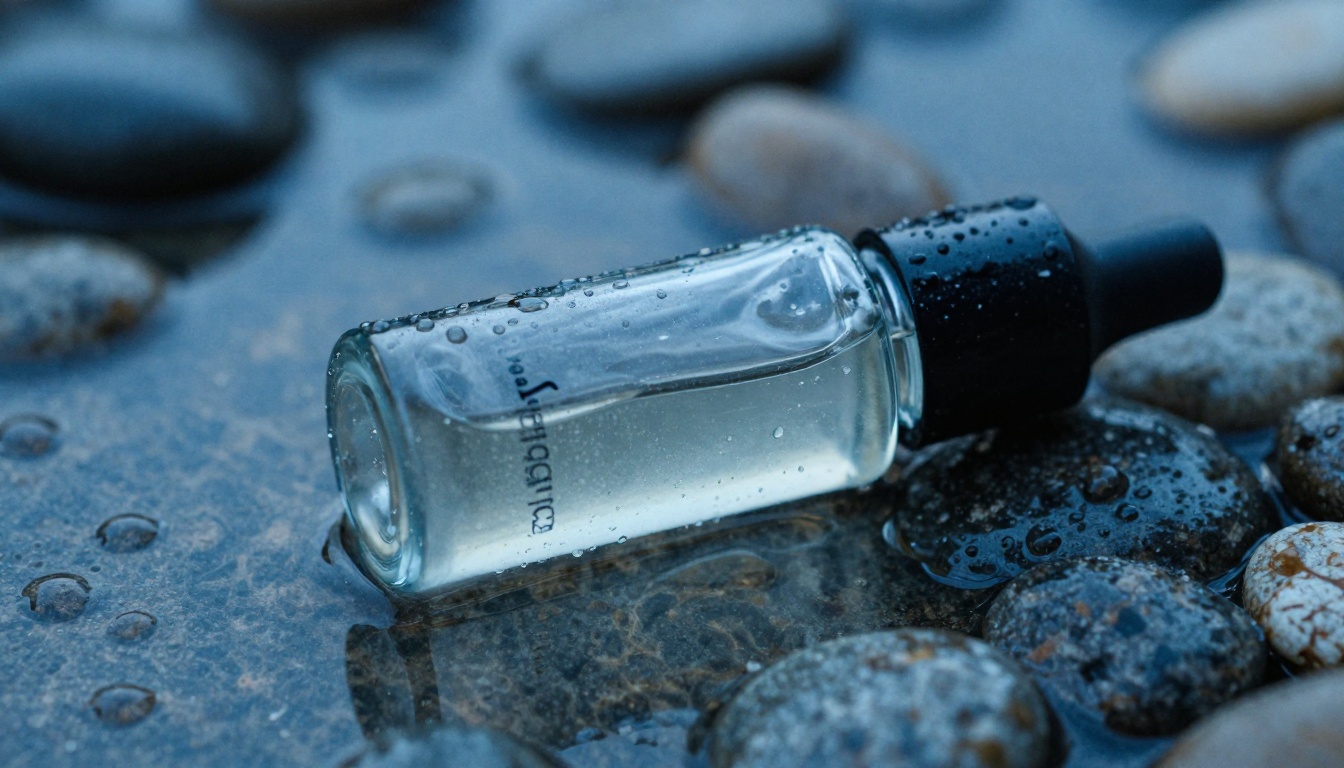 Close-up macro shot of skincare serum bottle on wet smooth river pebbles with scattered water droplets and cool diffused natural light