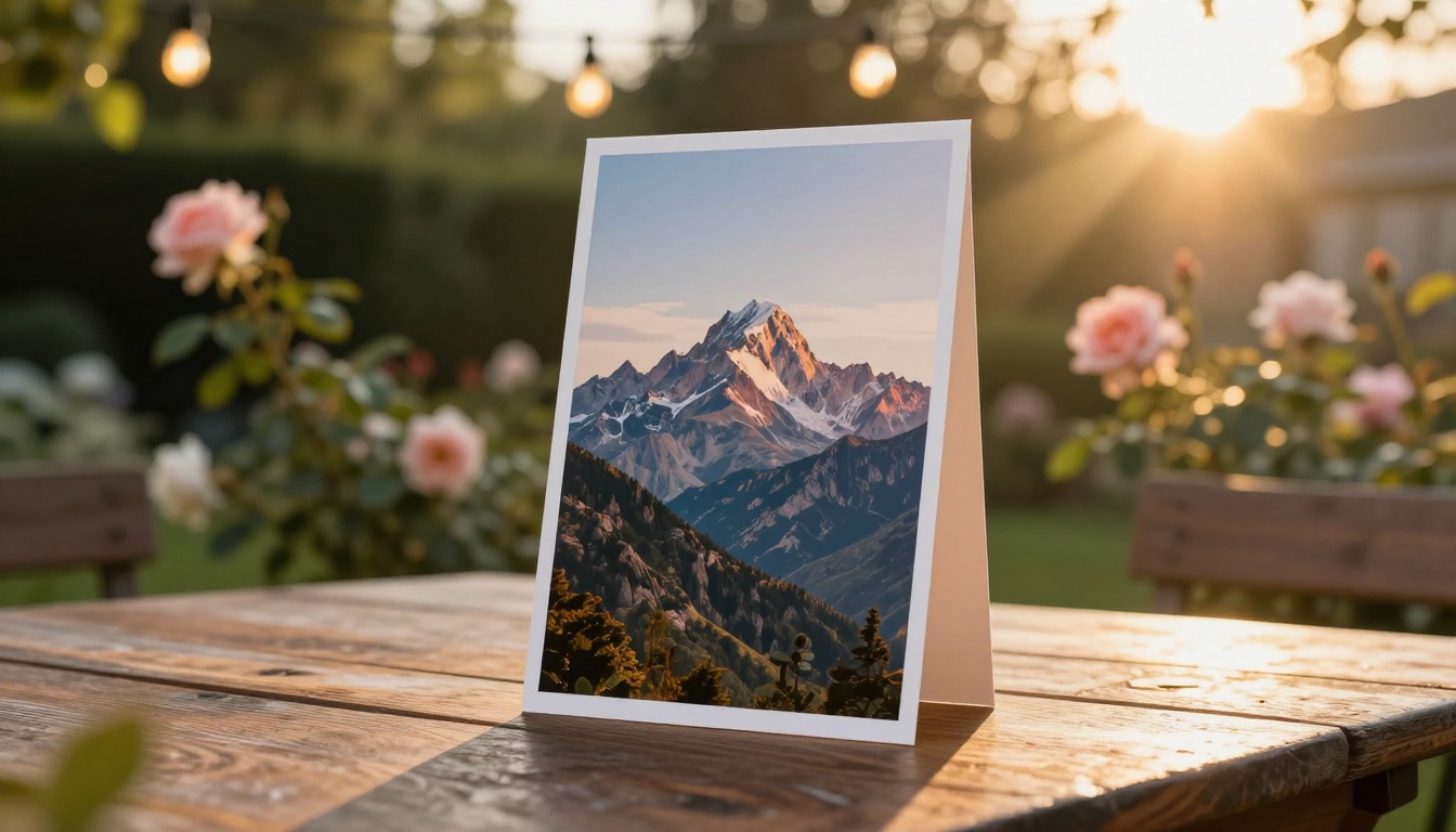 Low-angle shot looking up at birthday card on weathered teak garden table, rose bushes in soft bokeh, Edison string lights above