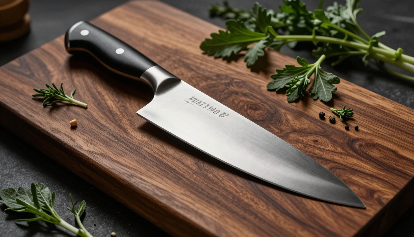 Side angle product photography of high-end chef knife on dark walnut cutting board with fresh herbs and dramatic warm metallic blade reflections