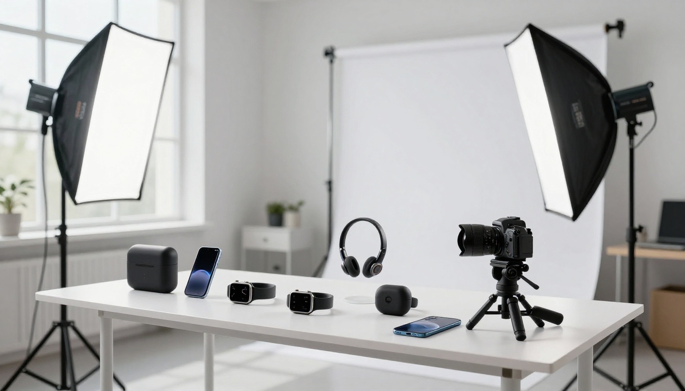 Wide shot of product photography studio interior with camera on tripod pointed at tech gadgets on white seamless backdrop with natural window light and octabox softbox