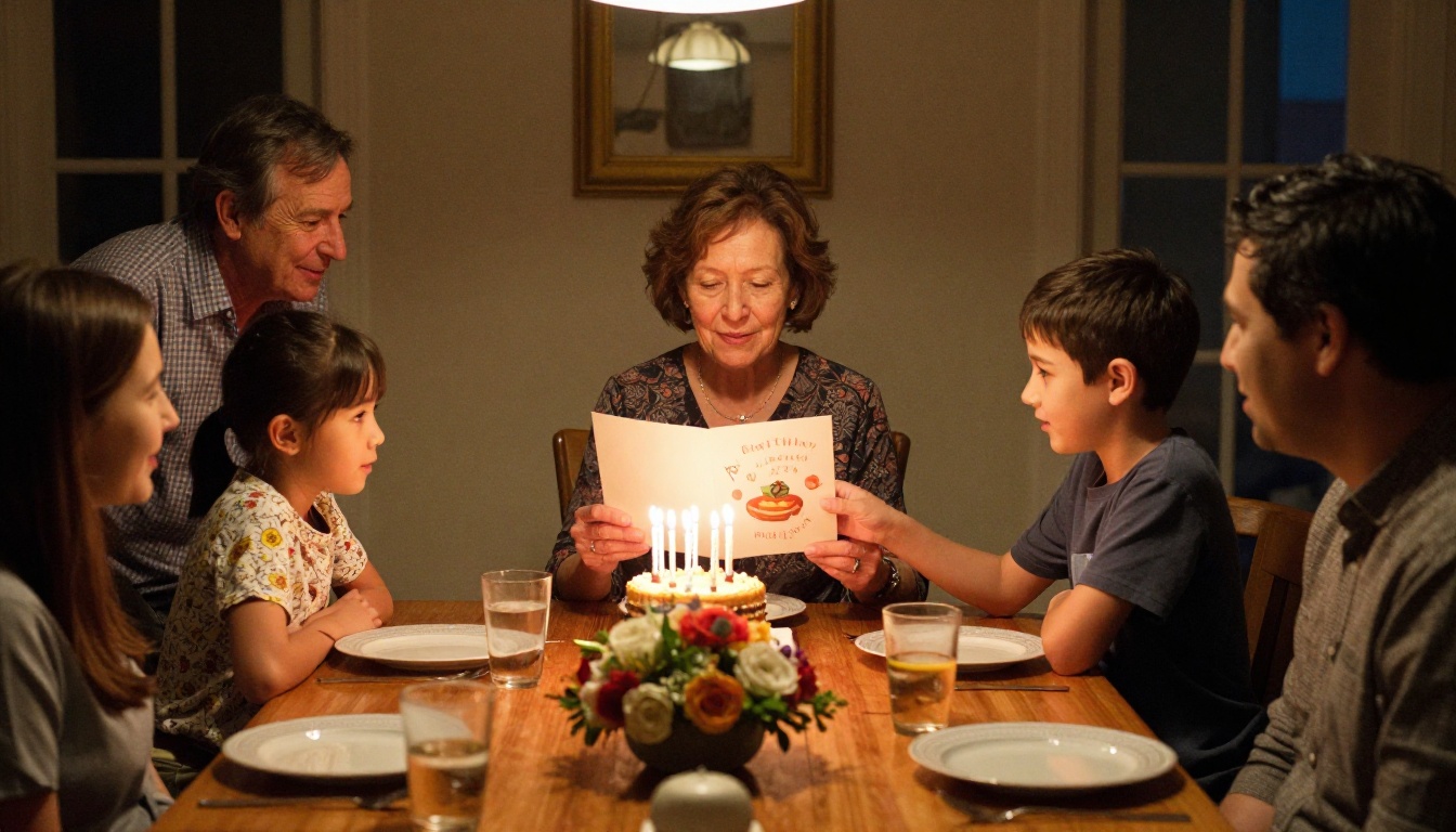 Family gathered around dining table at evening birthday celebration, grandmother looking at card held by young boy, warm candlelight, Leica documentary style
