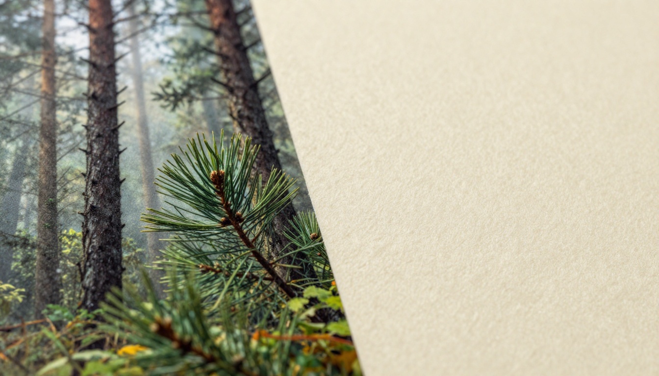 Extreme close-up of birthday card printed surface showing AI-generated forest landscape transitioning to cream card stock, side LED lighting revealing paper fiber texture