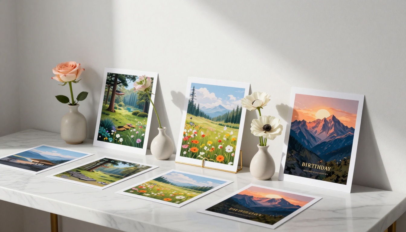 Several printed AI-generated birthday cards leaning against white wall on white marble surface, ceramic bud vases with garden roses between them, brass wire card stand