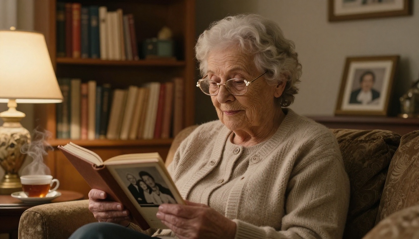 Grandmother looking at photo album in a cozy living room