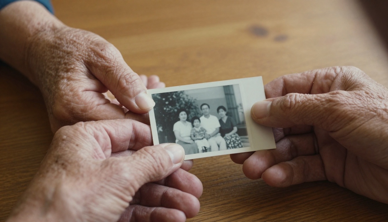 Elderly hands holding a vintage black-and-white family photograph