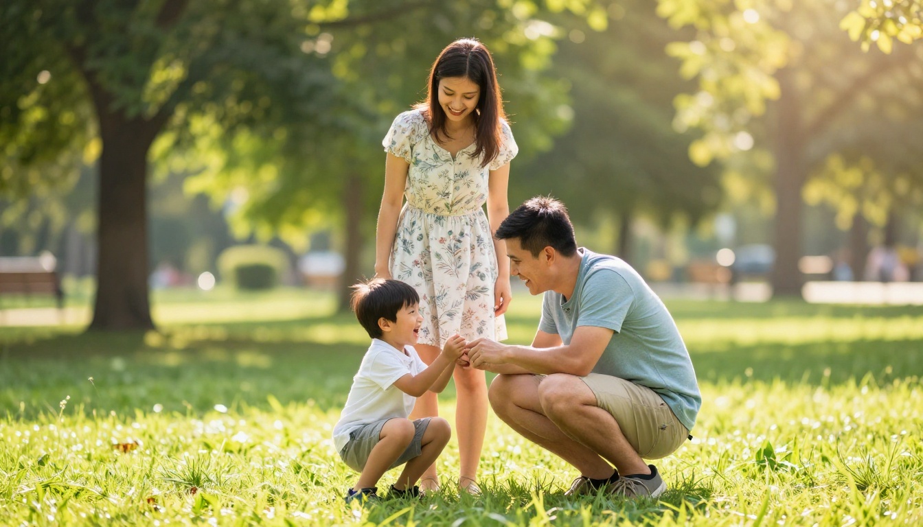 Young family of three laughing together in a sunlit park