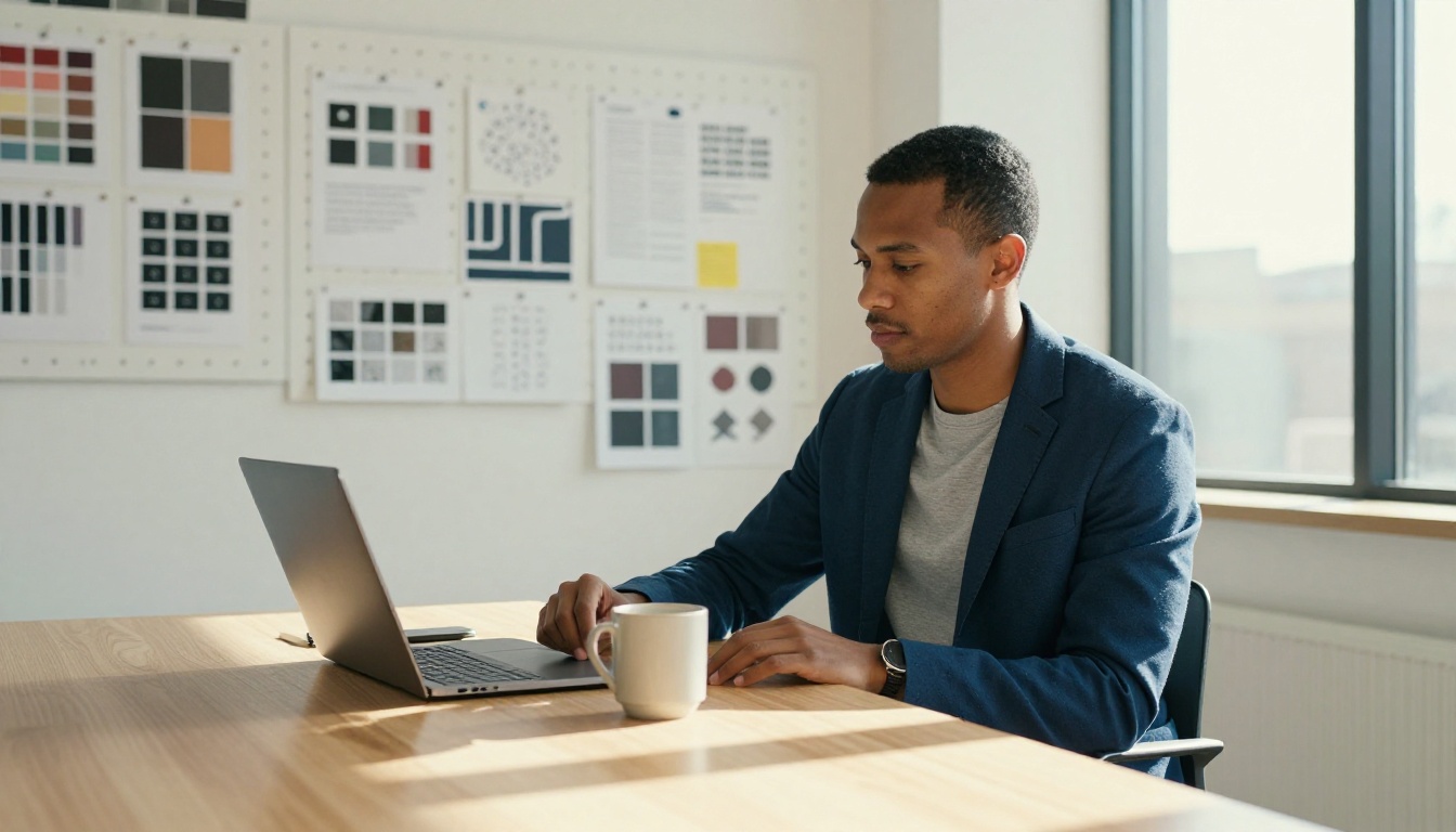 A creative professional reviewing brand identity mood boards in a modern co-working space, surrounded by color swatches and typographic samples