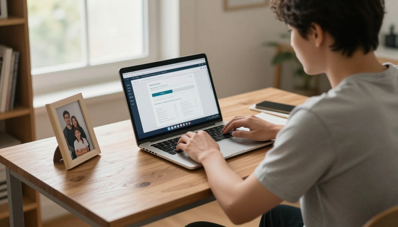Person uploading a family photo on a laptop at a home office desk