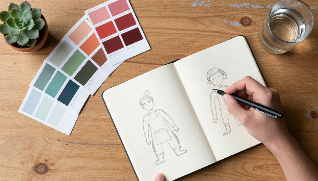 An overhead flat-lay of brand identity design materials including color swatches, character sketches, Pantone booklets, and design tools on a wooden desk