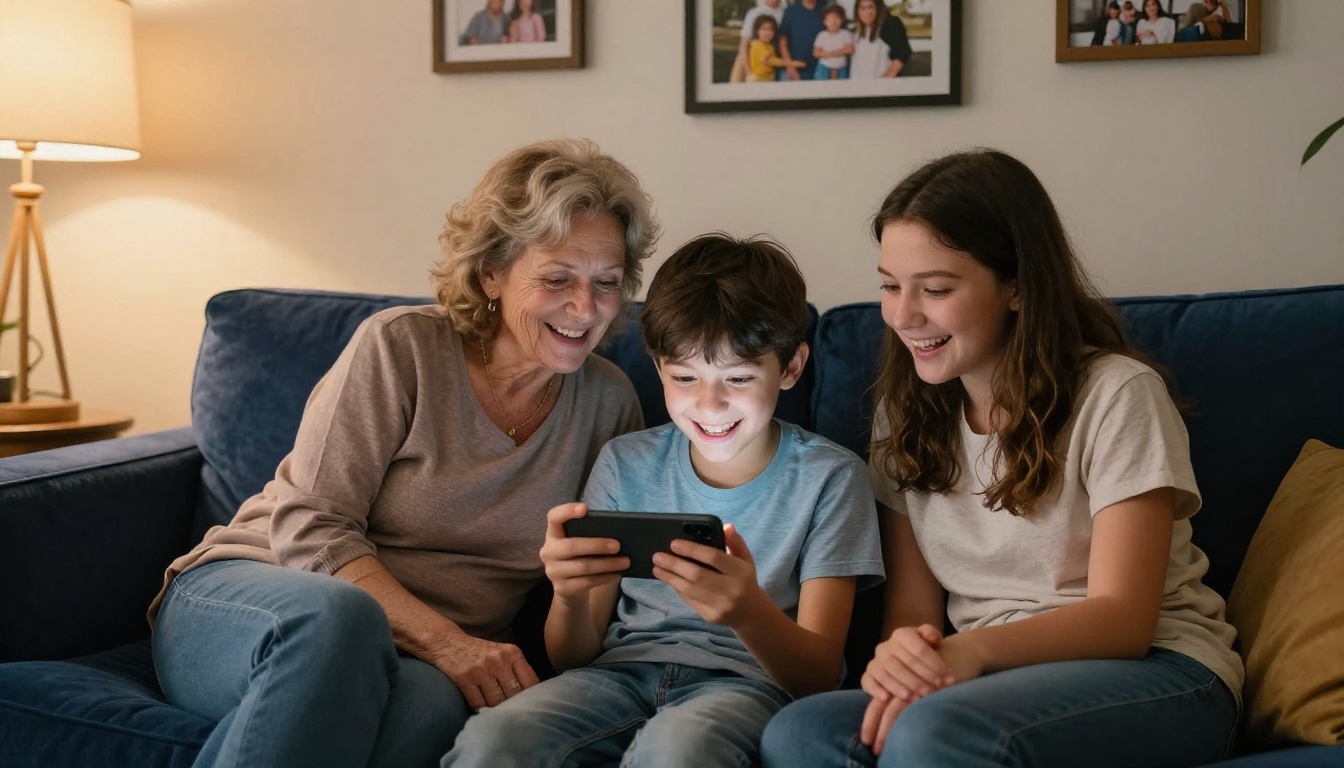 Three generations of a family looking at a phone together on a couch, all smiling