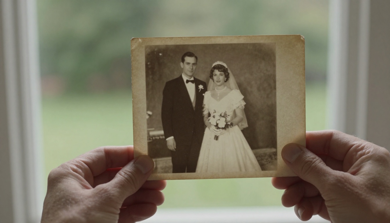 Old sepia wedding photograph held against a bright window, light passing through the paper Old sepia wedding photograph held against a bright window, light passing through the paper