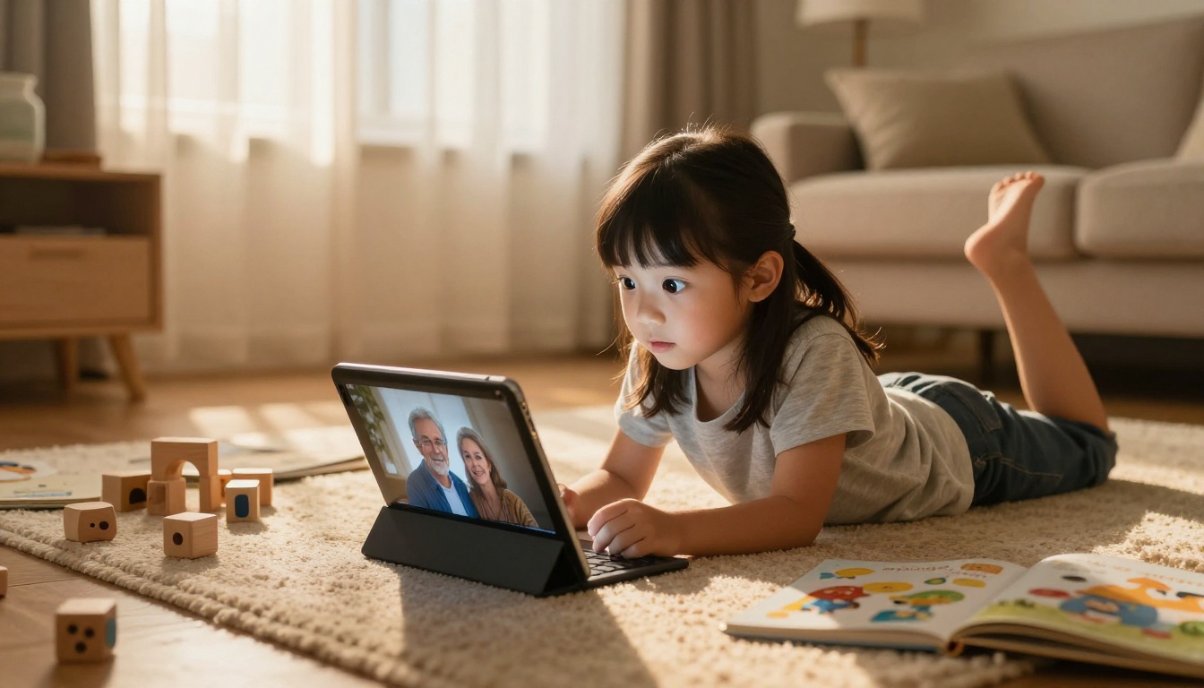 A young girl lying on the floor looking at a tablet displaying a portrait of older relatives A young girl lying on the floor looking at a tablet displaying a portrait of older relatives
