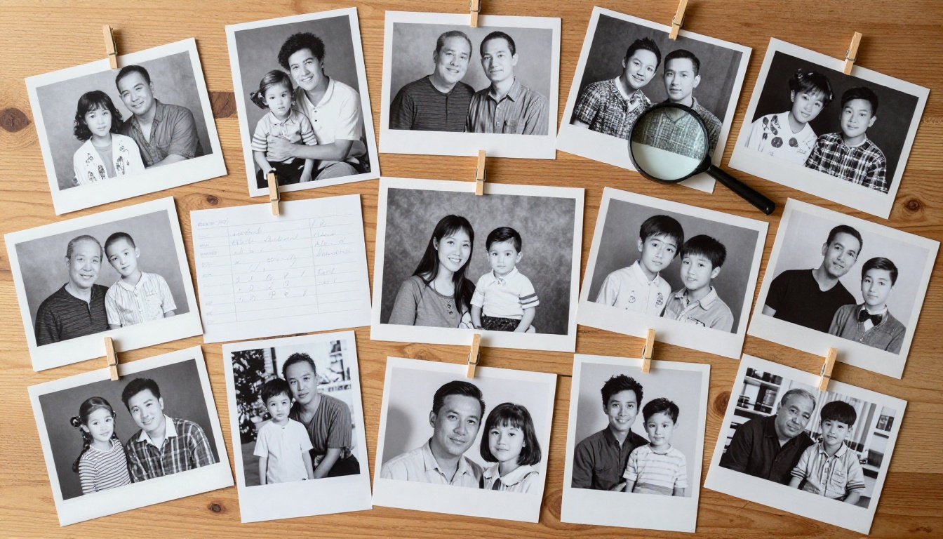 Aerial flat lay of many family photographs spread across a wooden table surface Aerial flat lay of many family photographs spread across a wooden table surface