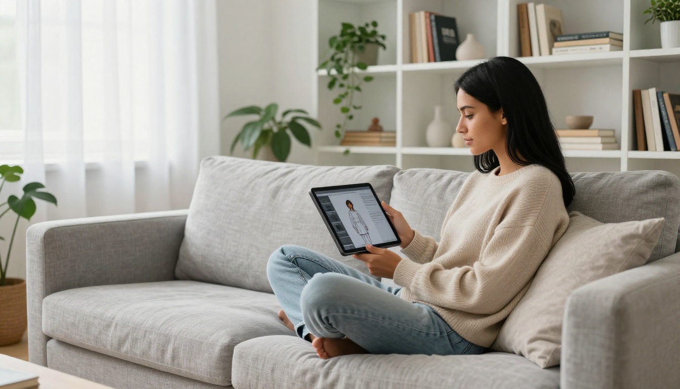 A woman reviewing brand character reference sheets on her tablet while sitting in a Scandinavian living room with natural afternoon light
