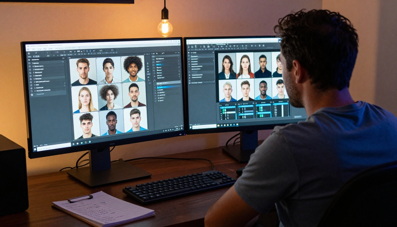 A brand strategist working at a dual-monitor workstation, reviewing an AI character generation interface alongside a consistent character style reference sheet