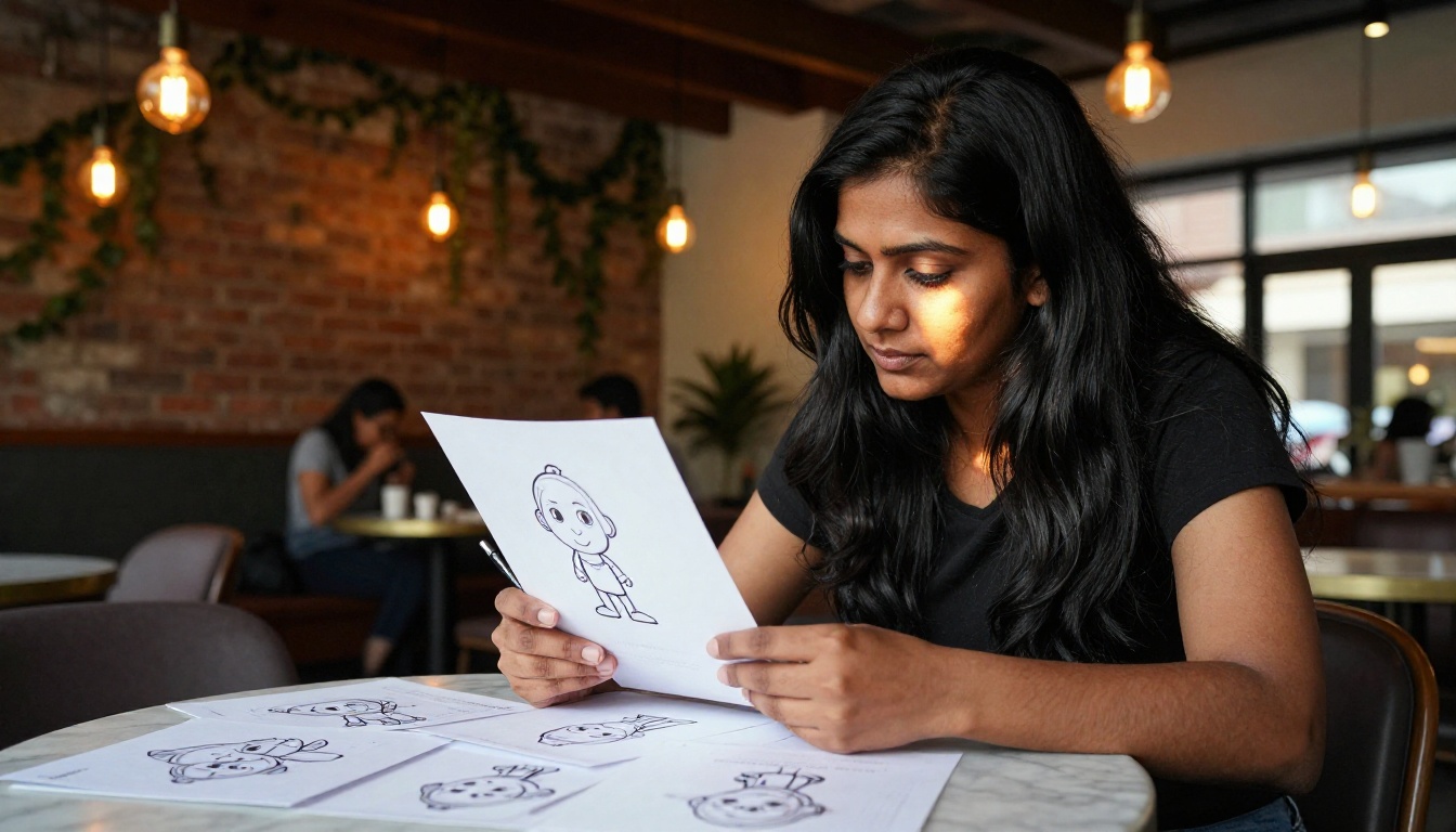 A South Asian woman reviewing printed brand character reference sheets at a café, studying front-view, side-view, and three-quarter angle consistency