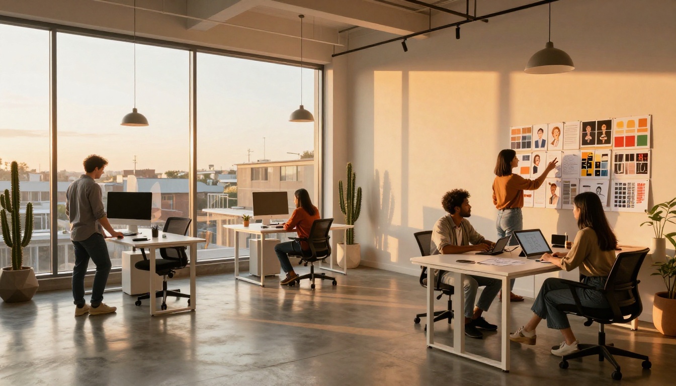 A diverse creative team working in a golden-hour-lit brand agency studio, with character reference sheets, mood boards, and color palettes visible throughout the space