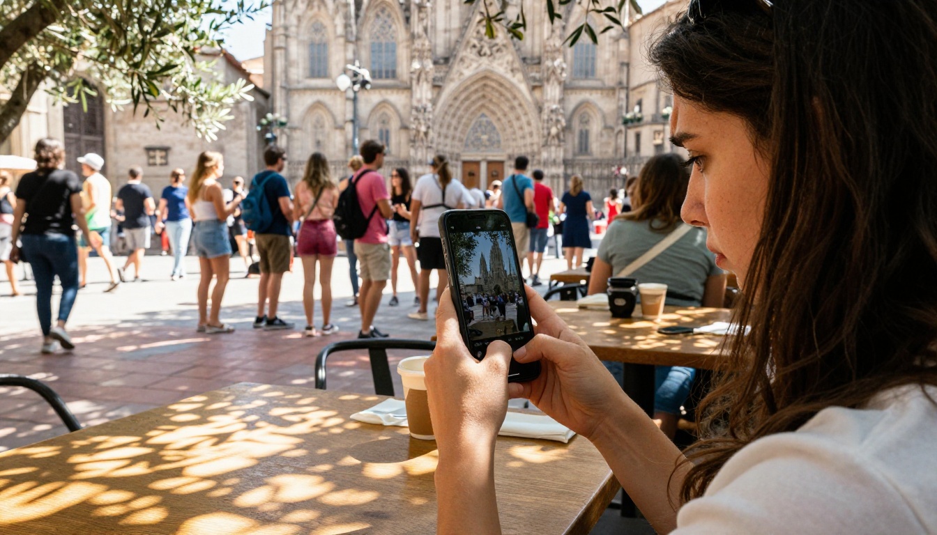 A woman sitting at a cafe table in Barcelona, holding a smartphone and looking disappointed at a photo ruined by tourists in the background