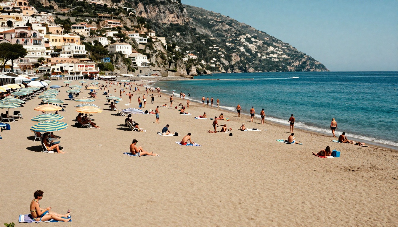 A crowded Italian beach showing before-and-after: left side packed with tourists and umbrellas, right side perfectly empty with clean golden sand
